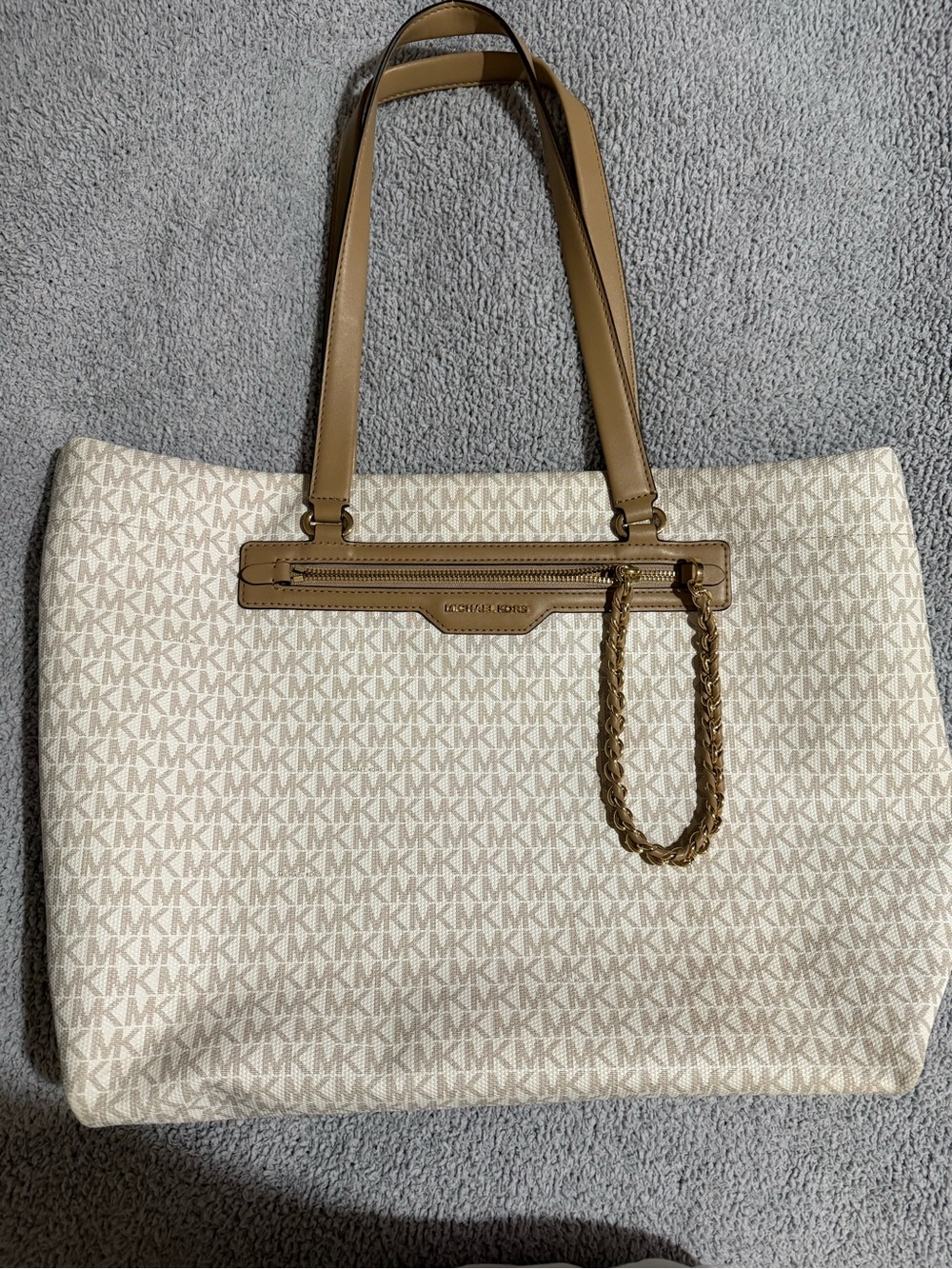 Michael Kors Cream and Tan MK Logo Tote with Chain Accent